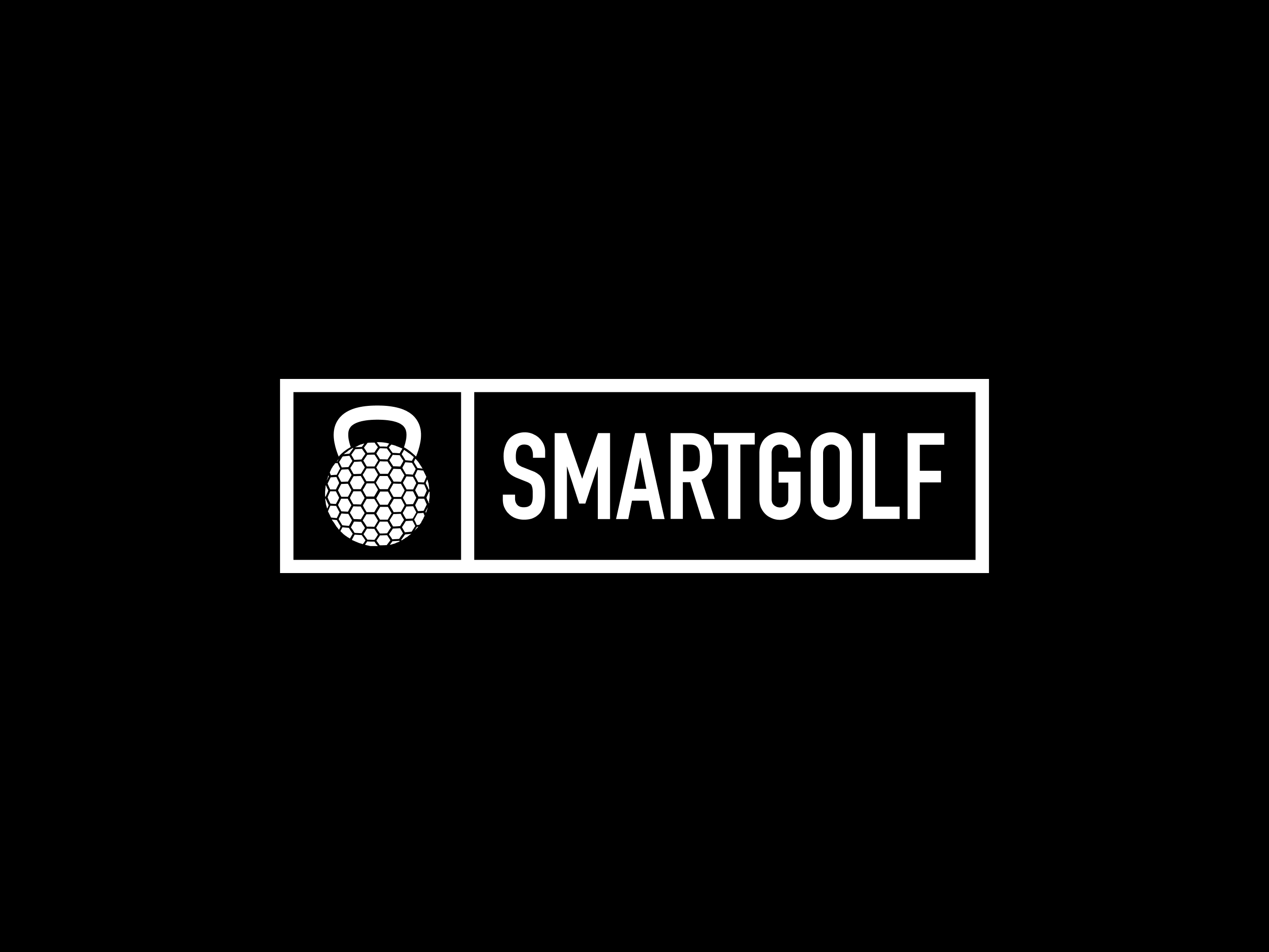 Smart Golf kettlebell and golf-ball logo in white on black